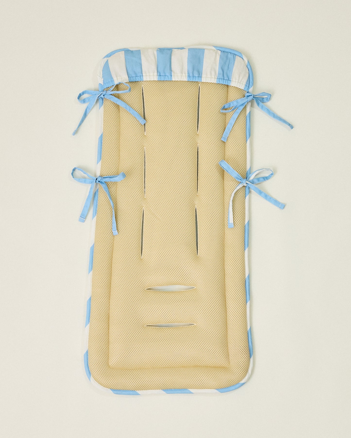 Back of Stroller Party Seat Liner in Blue Wide Stripe pattern on a beige background