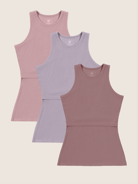 Ribbed Bamboo Racerback Nursing Tank in three colors - Light Mauve, Lavender Mist, and Twilight