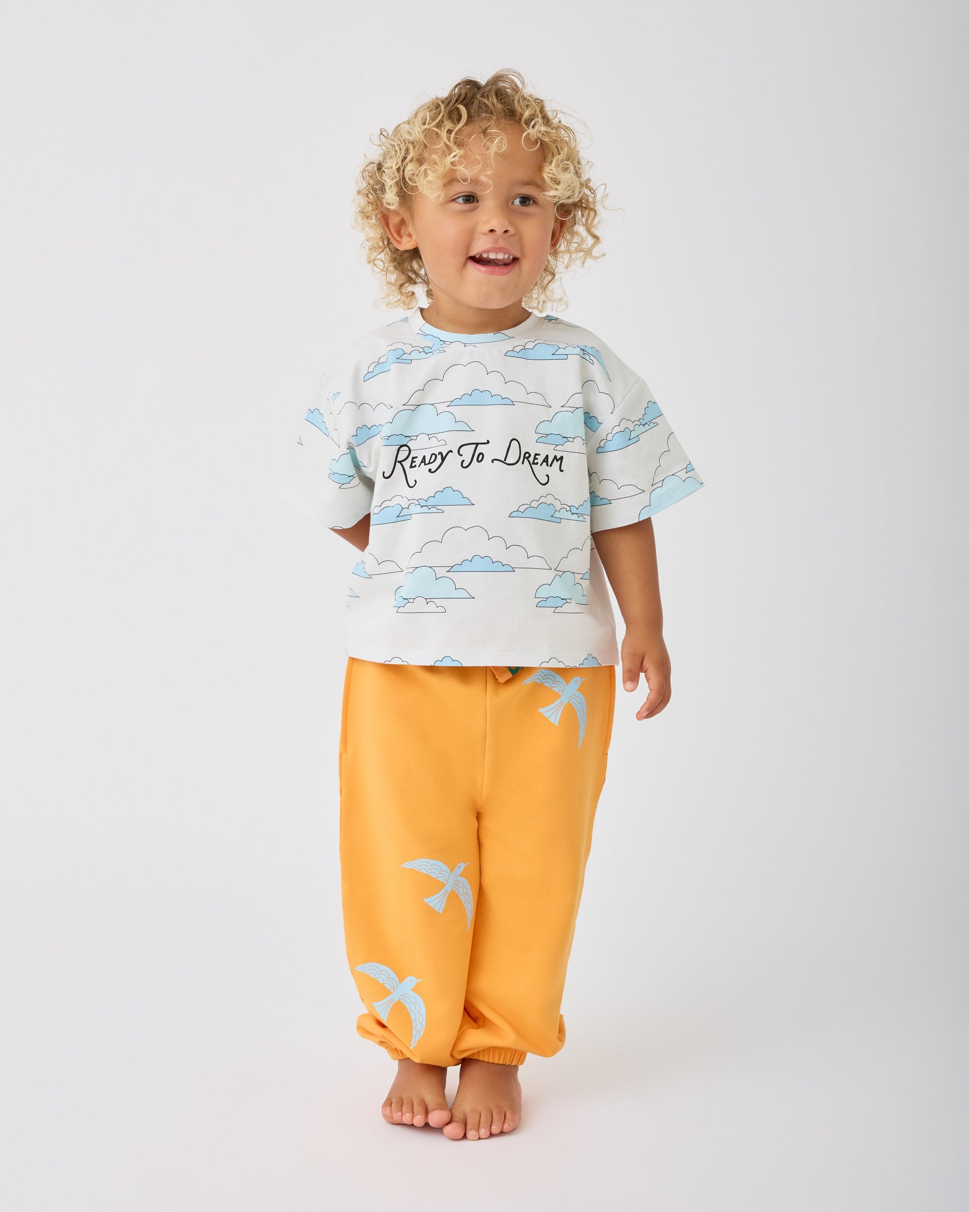 Model is wearing Graphic Tee in Ivory Clouds and French Terry Jogger in Orange Bird on a gray background.@model_info:Waylon is 3 years old and wearing 3T.