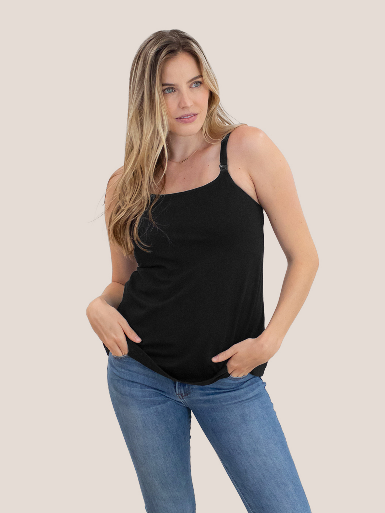 Signature Cotton Maternity & Nursing Tank in Black. @model_info:Mia is wearing a Small.