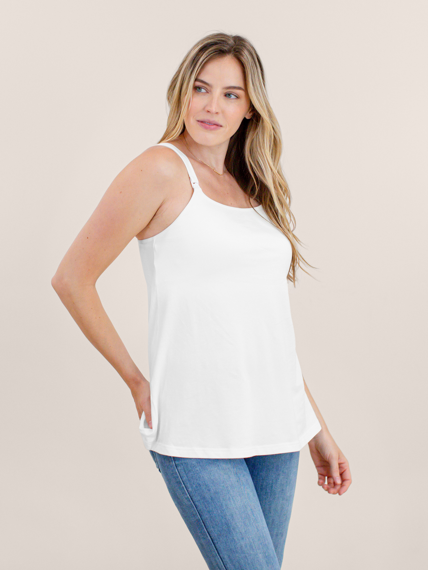 Signature Cotton Nursing & Maternity Tank in White. @model_info:Mia is wearing a Small. 