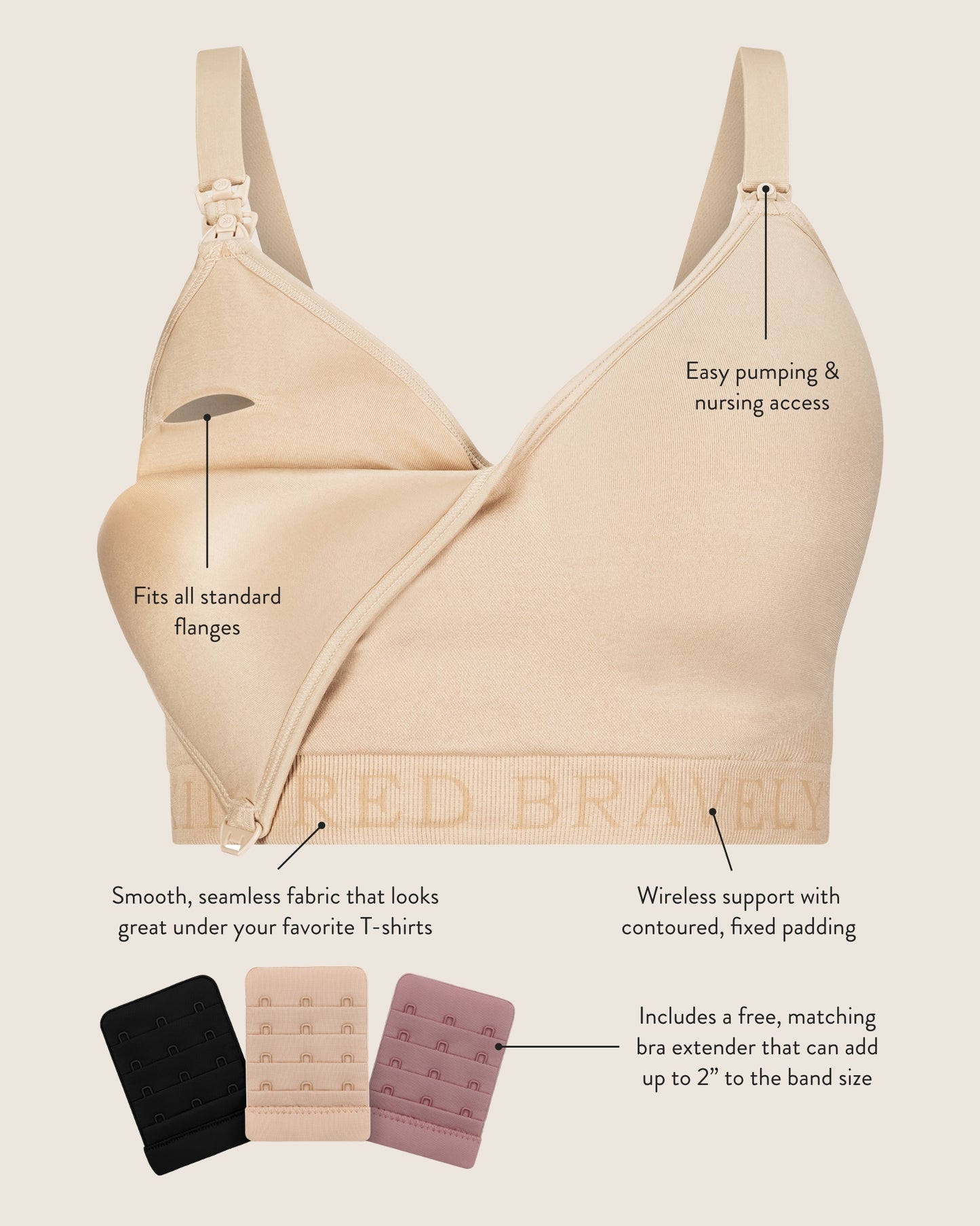 Infographic image of the Sublime Contour Hands-Free Pumping & Nursing Bra showing the benefits of the bra. Benefits include the fits all standard flanges, easy pumping & nursing access, and smooth, seamless fabric that looks great under your favorite t-shirts. 