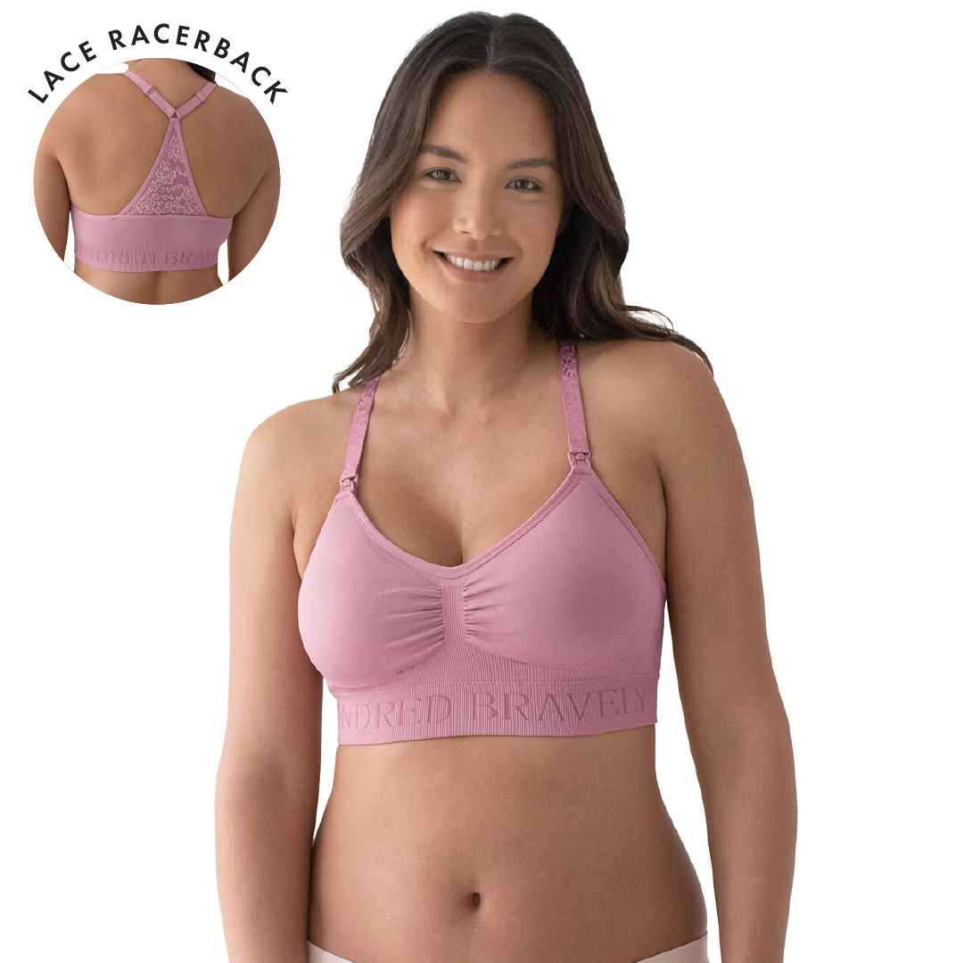 Front view of a model wearing the Simply Sublime® Lace Racerback Nursing Bra | Rose