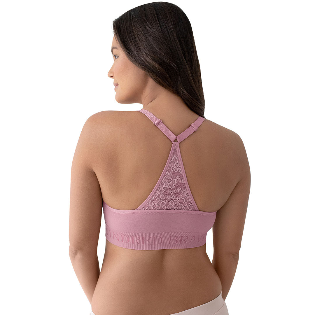 Back of a model wearing the Simply Sublime® Lace Racerback Nursing Bra | Rose