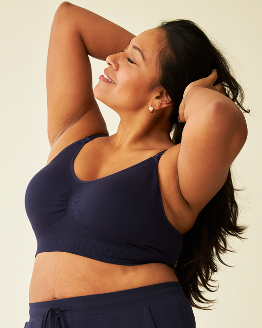Model wearing Simply Sublime® Nursing Bra in Navy @model_info:Lily is wearing a Large.