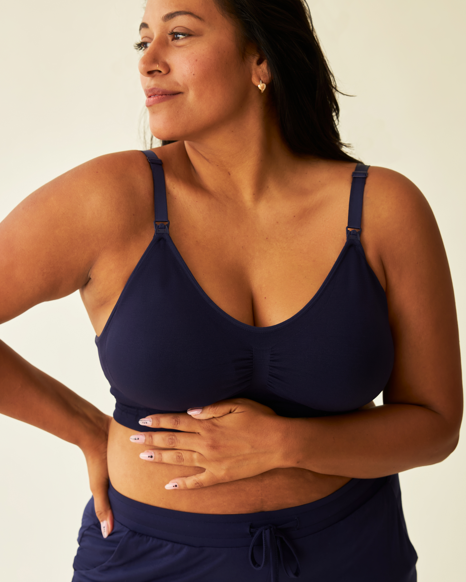 Model wearing Simply Sublime® Nursing Bra in Navy