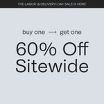 Promotional image. Black band across top with grey text reads, The Labor (& Delivery) Day Sale is Here! Grey background and black text reads, buy one > get one 60% Off Sitewide. 