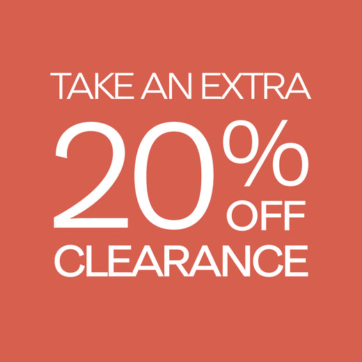 Promotional graphic with a coral-red background and large white text reading 'TAKE AN EXTRA 20% OFF CLEARANCE' 