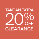 Promotional graphic with a coral-red background and large white text reading 'TAKE AN EXTRA 20% OFF CLEARANCE' 