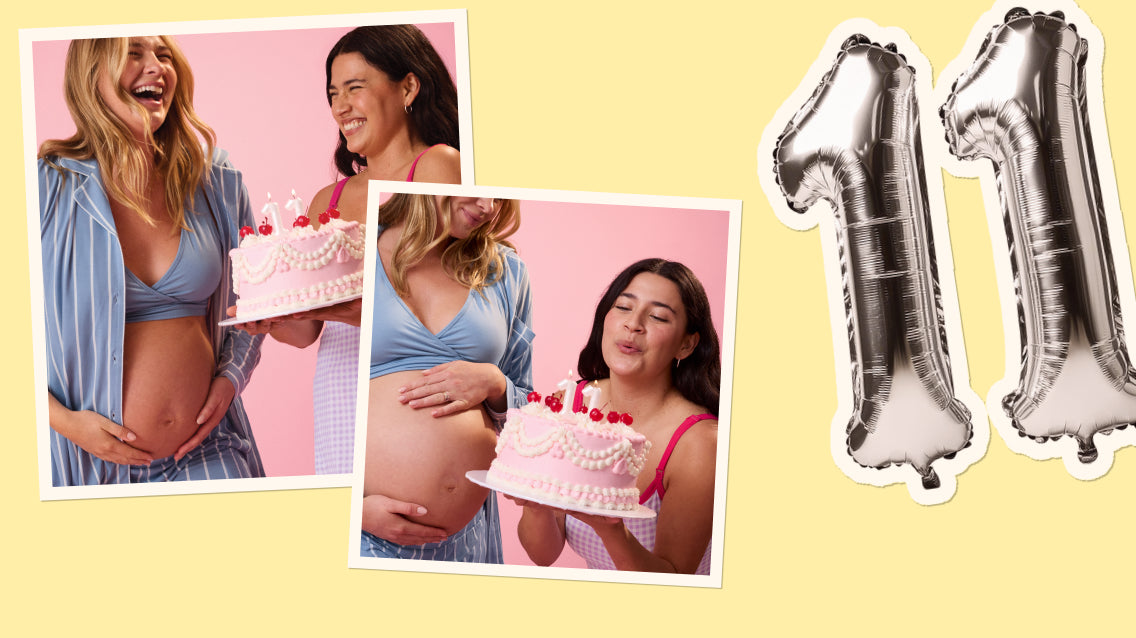 Two images of women holding a birthday cake and blowing out candles on a yellow background. There is a sticker of a silver balloon "11" 
