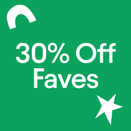 Green background with white text that reads, 30% Off Faves. With playful white shapes in background.
