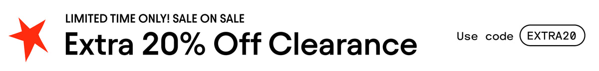 Promotional sale banner with a red star icon, text reading 'LIMITED TIME ONLY! SALE ON SALE', 'Extra 20% Off Clearance', and 'Use code EXTRA20'.