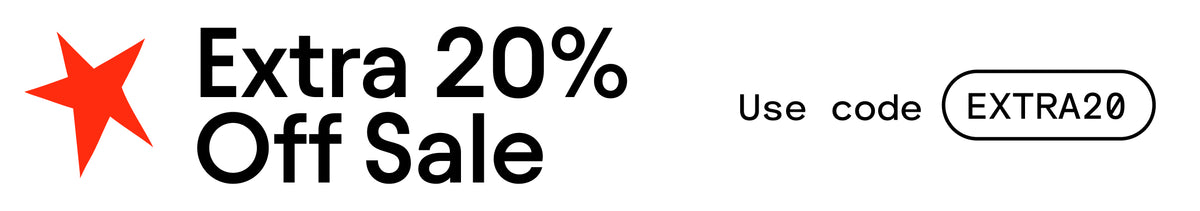 Promotional banner with a red star icon, the text 'Extra 20% Off Sale' in black, and 'Use code EXTRA20' on a white background.