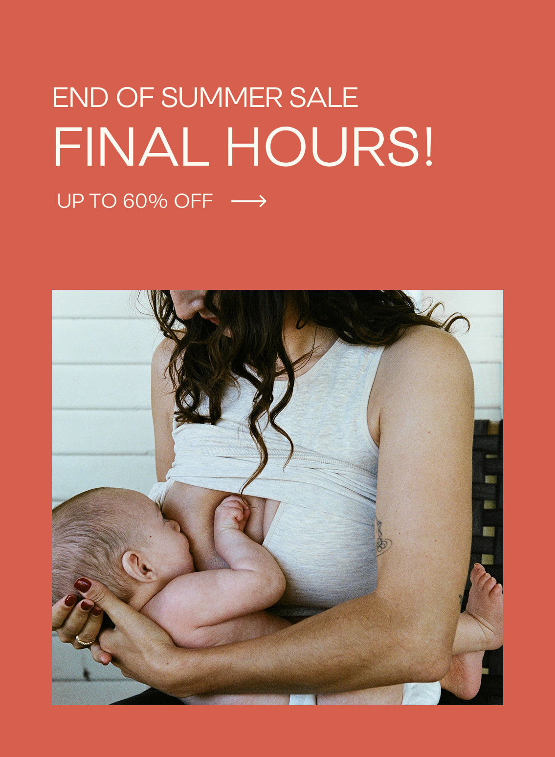 Promotional sale graphic with the text 'END OF SUMMER SALE UP TO 60% OFF SHOP THE SALE' on a coral background above a square lifestyle photo of Woman breastfeeding baby on front porch while wearing Sublime® Bamboo Scoop Neck Maternity & Nursing Longline Bra Top in Oatmeal Heather showing how the outside fabric layer pulls up for nursing.