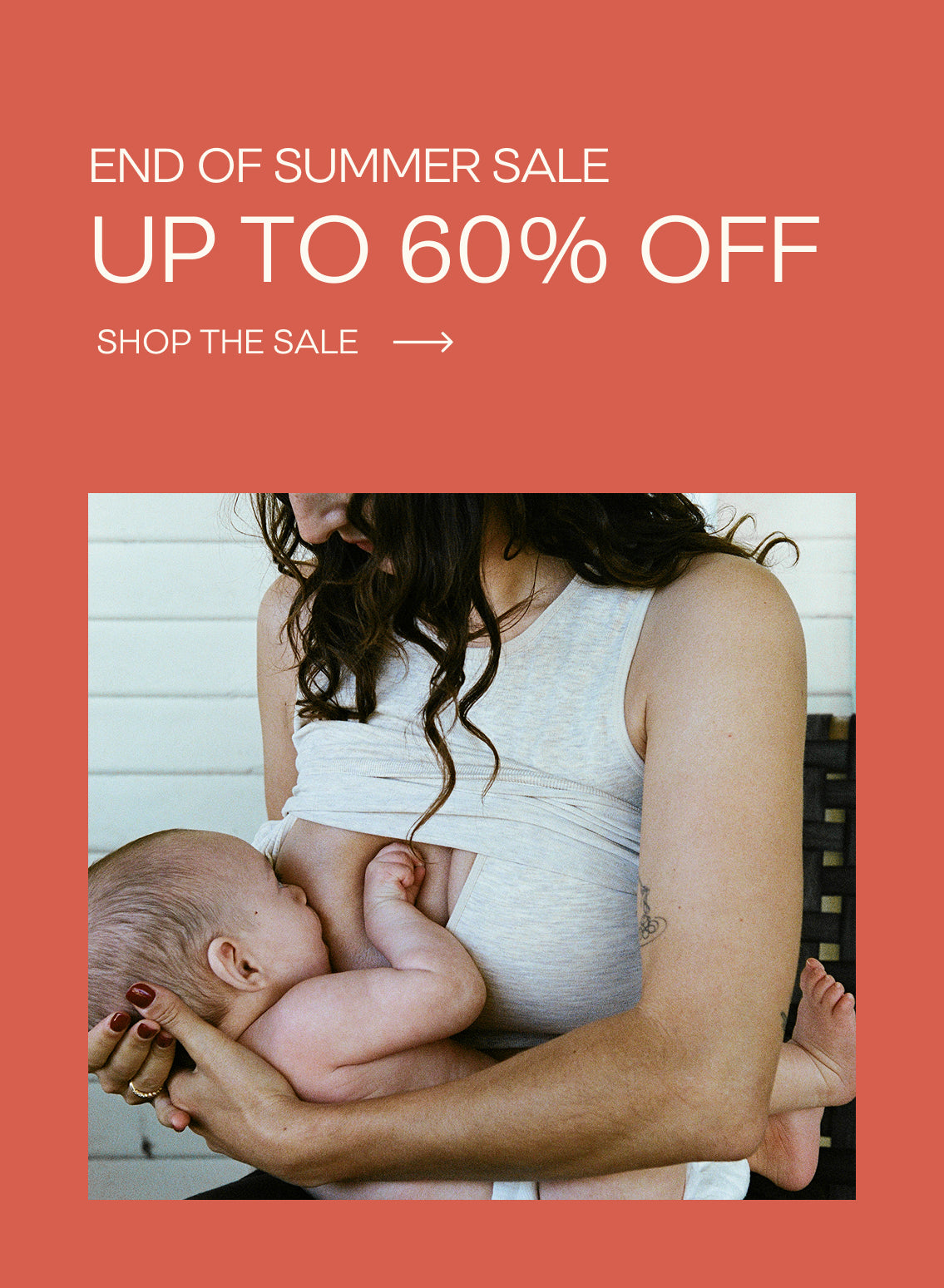 End of Summer Sale mobile hero: up to 60% off with a Shop the Sale link, above a photo of a mother nursing her baby, on a terracotta background.
