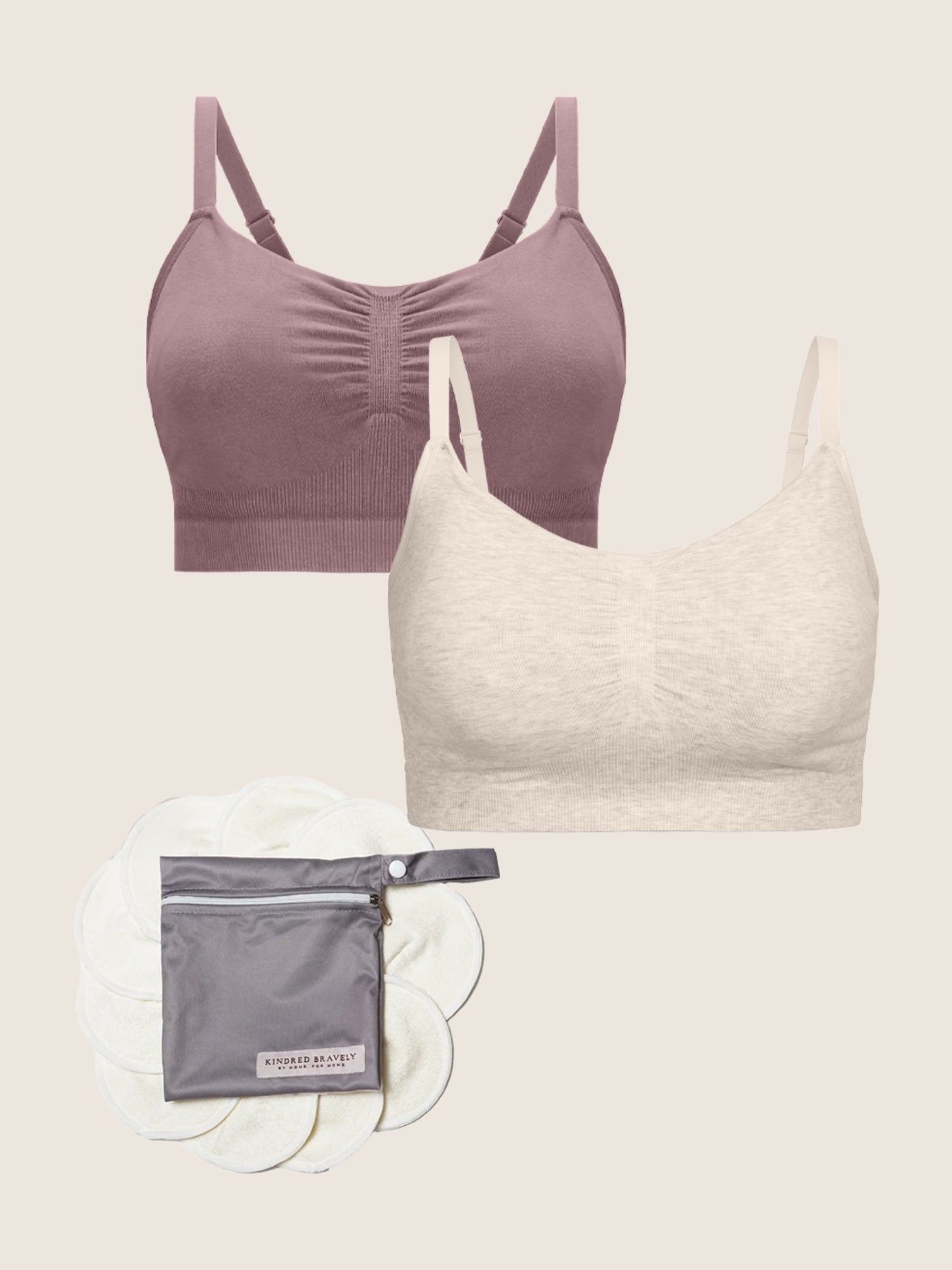 Flat lay of styles in the Sleep, Pump, Repeat Bundle, including two colors of the Sublime Bamboo Hands-Free Pumping Lounge & Sleep Bra, and the Organic Bamboo Nursing Pads