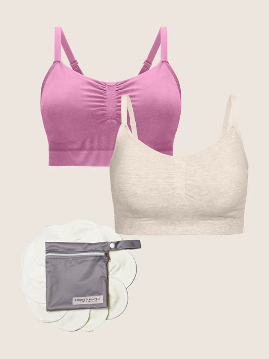 Flat lay of styles in the Sleep, Pump, Repeat Bundle, including two colors of the Sublime Bamboo Hands-Free Pumping Lounge & Sleep Bra, and the Organic Bamboo Nursing Pads