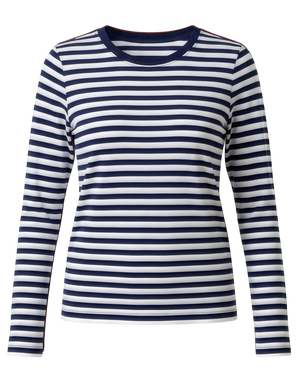 Modal Long Sleeve Nursing T-shirt in Navy & White Stripe on a white background.