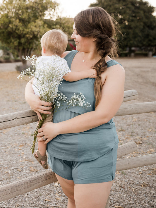 Sloan Organic Cotton Nursing Pajama Set | Blue Fjord-Pajamas-Kindred Bravely
