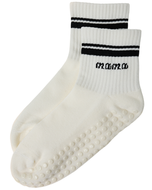 Non-Slip Quarter Crew Socks in Ivory & Black, with black lettering of the word mama on a the cuff, on a white background