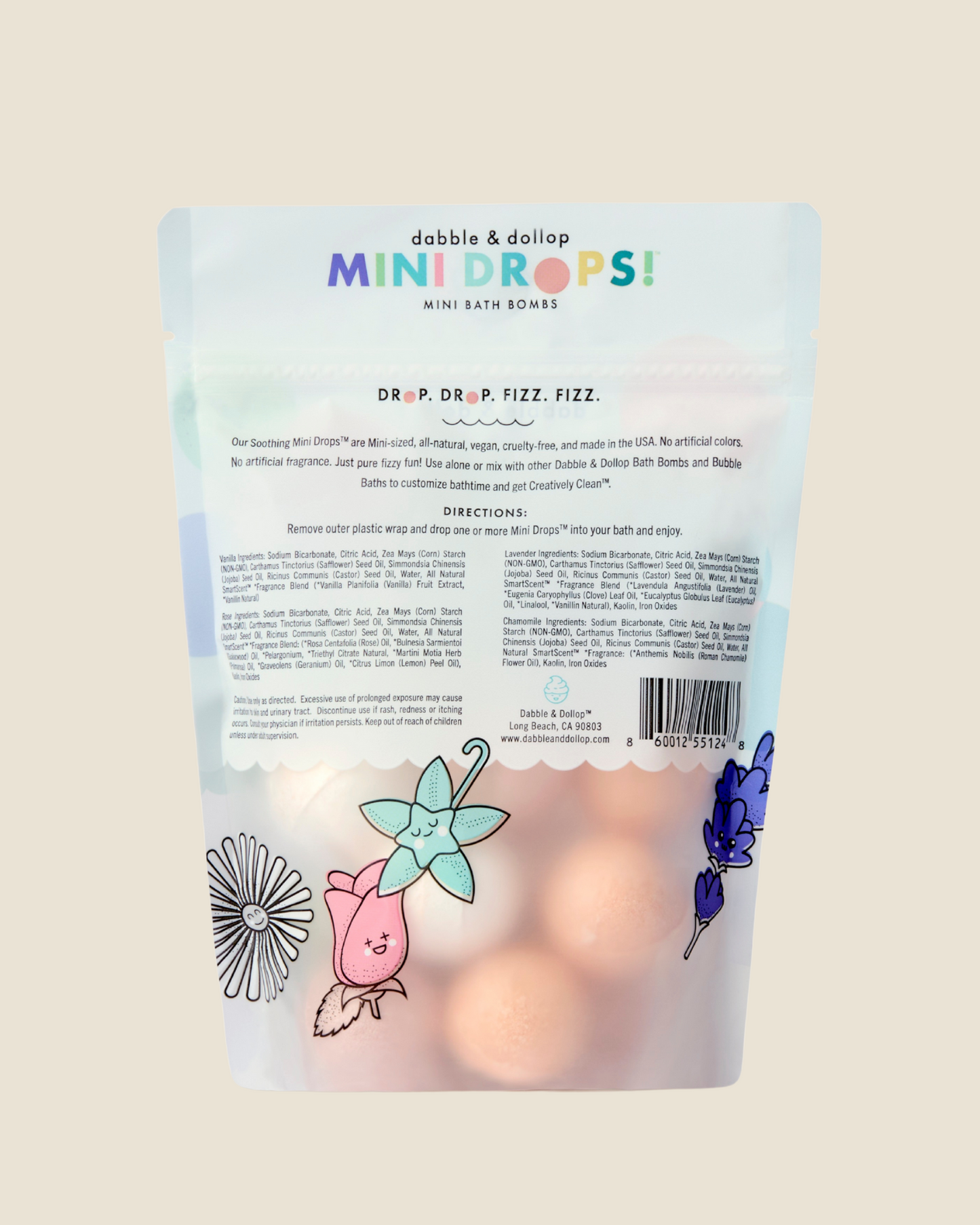 Back of a dabble & dollop Soothing Mini Bath Bombs product packaging with illustrations and text.