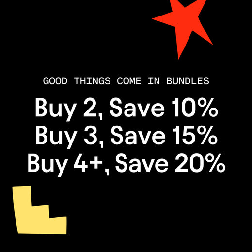 Promotional graphic with white text on black background and playful shapes, reading Good Things Come in Bundles. Buy 2, Save 10%. Buy 3, Save 15%. Buy 4+, Save 20%. 