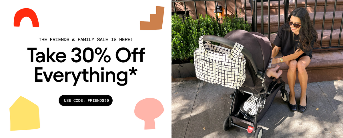 A promotional banner split into two sections: the left side features a large sale text graphic reading 'Take 30% Off Everything*' with a 'Use Code: FRIENDS15' button, and the right side shows a woman sitting on a sidewalk next to a black stroller with the Stroller Party™ Caddy Bag in Black Grid.