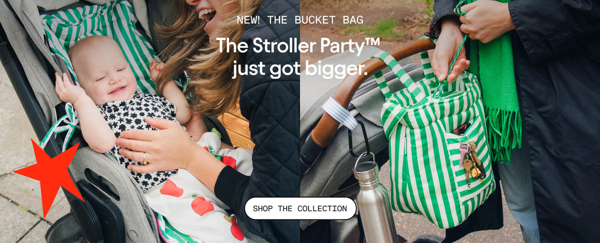 Photo collage with red star shape and stroller and Kindred Bravely stroller gear in outdoor settings both park and downtown. White text overlaid reads, New! The bucket bag. The stroller party just got bigger. White button at bottom with black text reads, shop the collection.