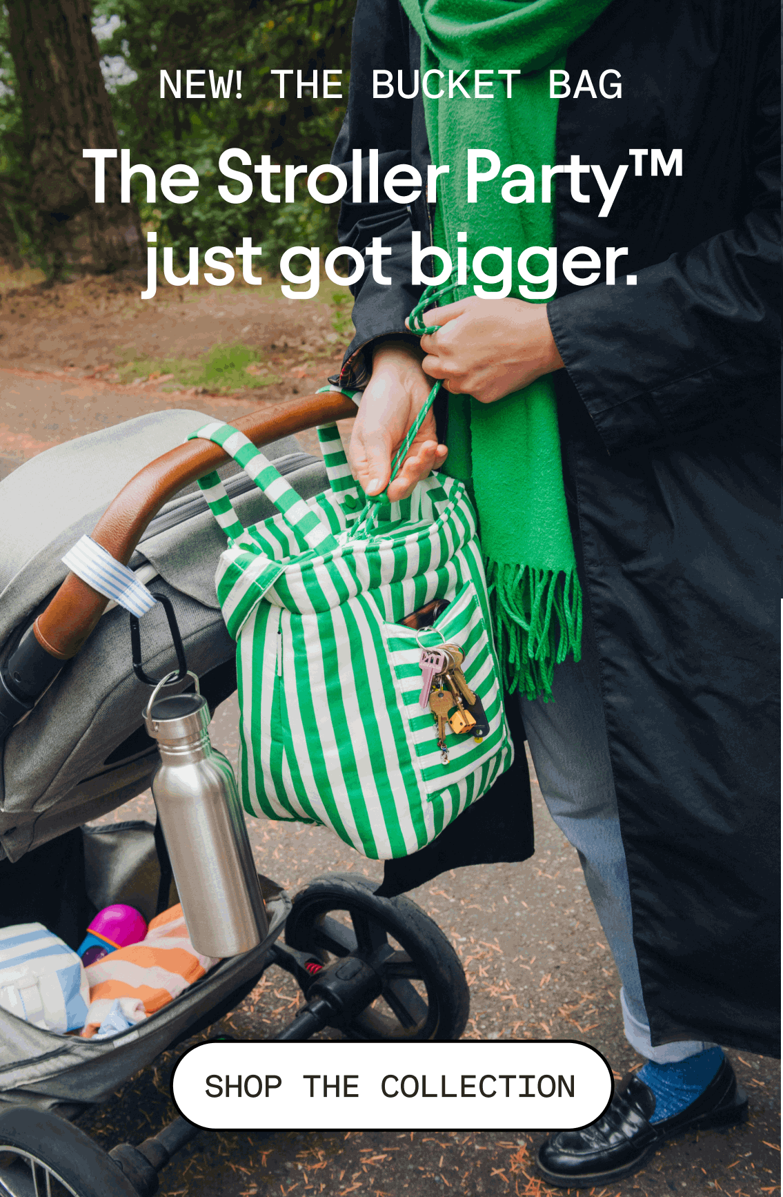 Animated GIF of Moms with stroller and Kindred Bravely stroller gear in outdoor settings both park and downtown. White text overlaid reads, new! The bucket bag. The stroller party just got bigger. White button at bottom with black text reads, shop the collection.