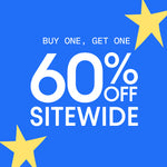 Promotional graphic with a bright blue background, large white text reading 'BUY ONE, GET ONE 60% OFF SITEWIDE,' and two yellow stars in the corners.
