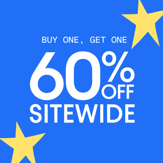 Promotional graphic with a bright blue background, large white text reading 'BUY ONE, GET ONE 60% OFF SITEWIDE,' and two yellow stars in the corners.