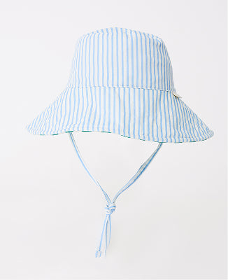 Toddler Sun Hat in Blue Pinstripe on a beige background