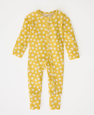 Bamboo Baby Pajama in Yellow Daisies on a beige background