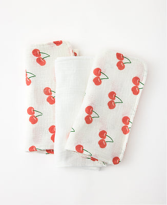Organic Muslin Burp Cloth (3-Pack) in White Cherries on a white background.
