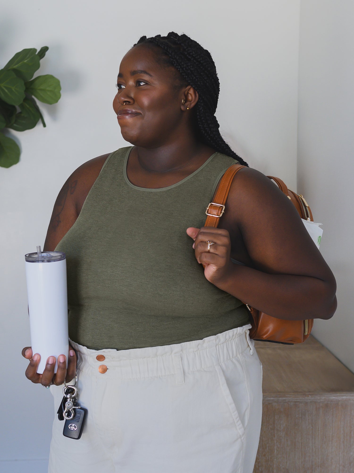3/$ front view of model wearing the Sublime® Bamboo Maternity & Nursing Longline Bra in Olive Heather @model_info:Leondra is wearing a 1X Busty.