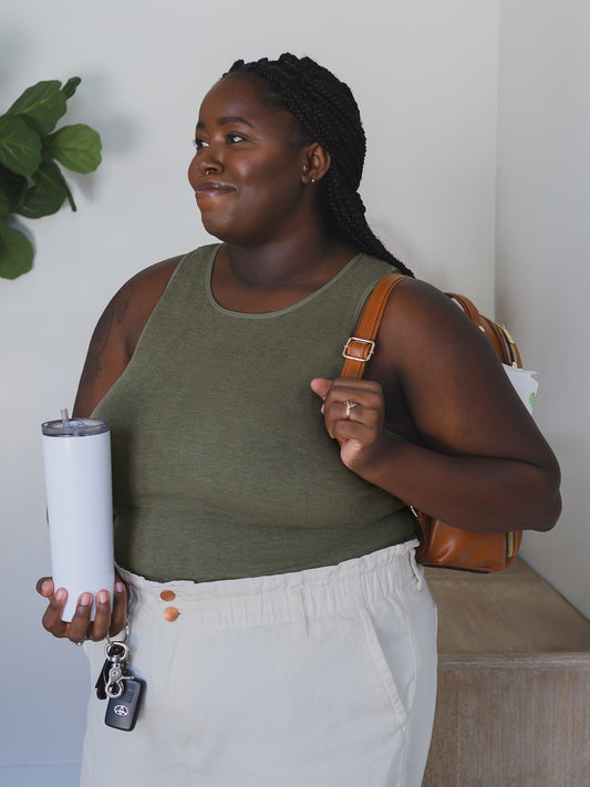 3/$ front view of model wearing the Sublime® Bamboo Maternity & Nursing Longline Bra in Olive Heather @model_info:Leondra is wearing a 1X Busty.