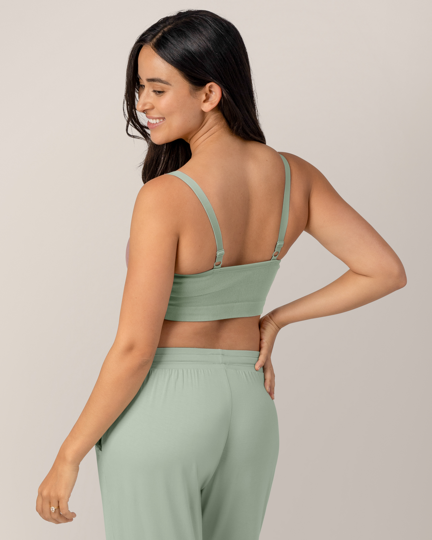 Back view of model Model wearing the  Sublime® Bamboo Hands-Free Pumping Lounge & Sleep Bra in Aqua Mist