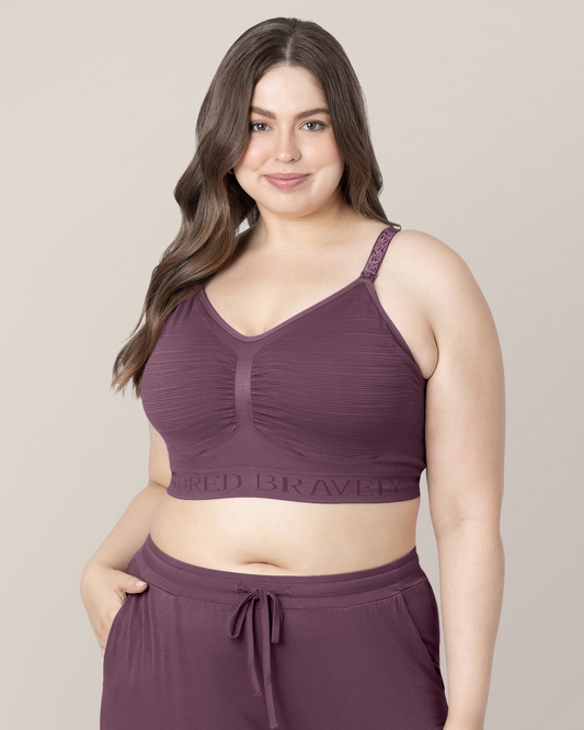 Front view of model wearing the Sublime® Hands-Free Pumping & Nursing Bra in Burgundy Plum@model_info:Bailey is wearing a Large Busty.