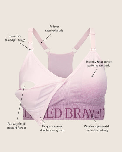 Diagram of the Sublime Hands-free Pumping & Nursing Sports Bra showing all the different features.