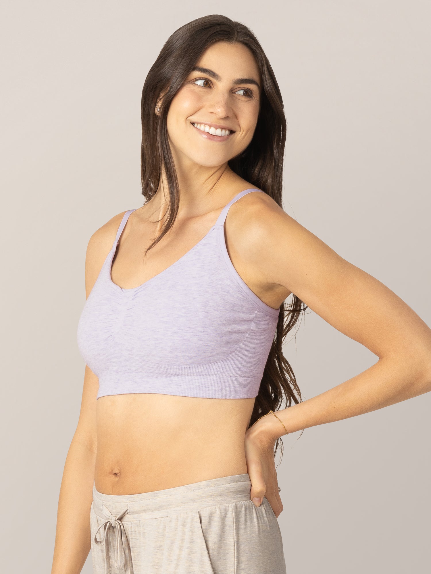 3/4 view of model wearing the Sublime® Bamboo Hands-Free Pumping Lounge & Sleep Bra in Lavender Heather. @model_info:Valerie is wearing a Small.