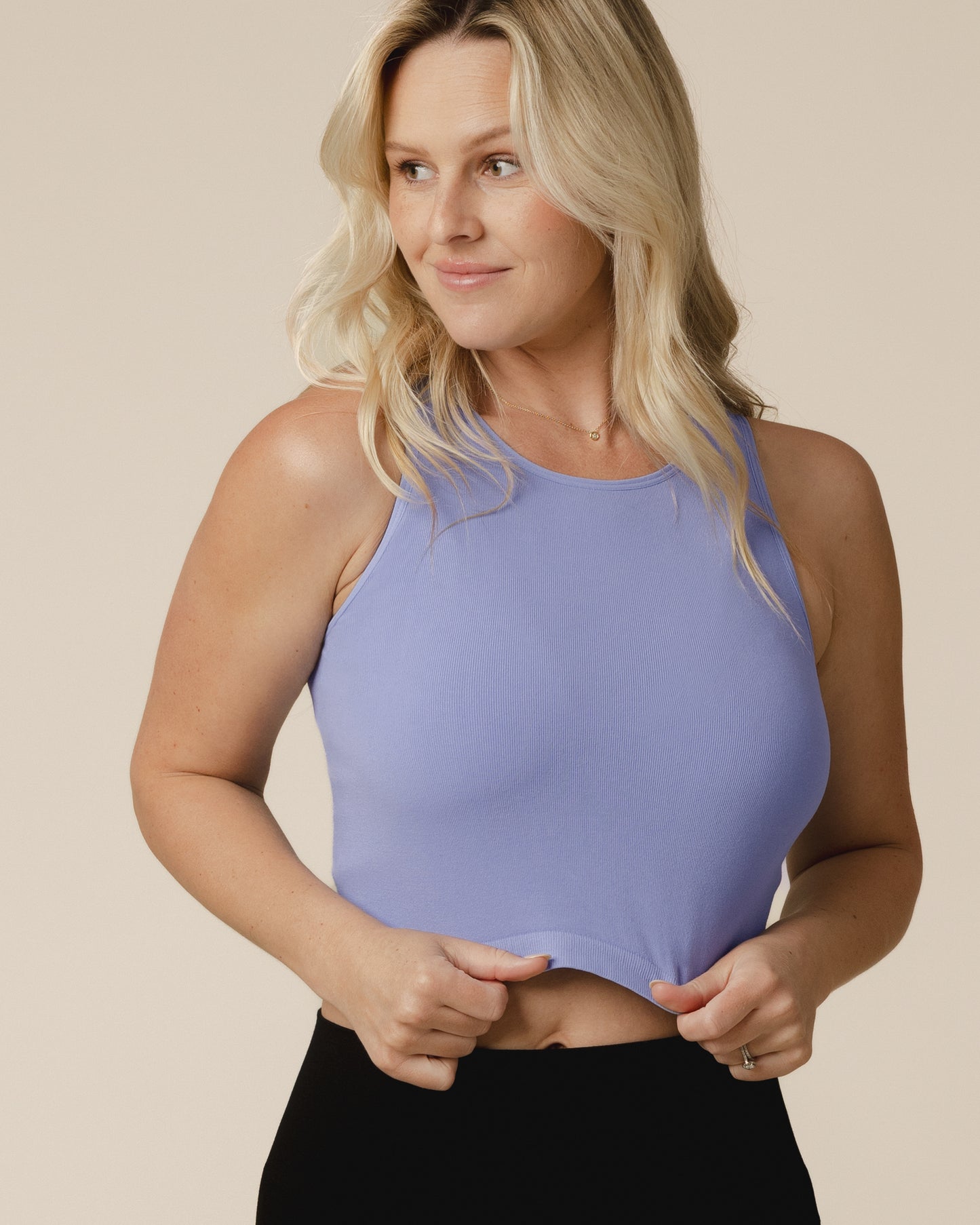 Front view of model wearing the Sublime® Bamboo Hands-Free Pumping Longline Bra Top in Blue Wisteria @model_info:Maddy is wearing a Small.