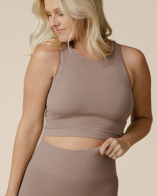 Front view of model wearing the Sublime® Bamboo Maternity & Nursing Longline Bra Top in Taupe @model_info:Maddy is wearing a Small.