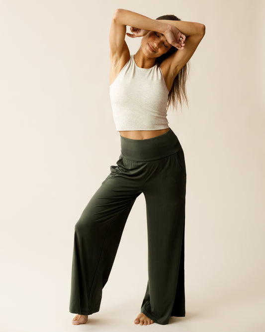Woman wearing the Bamboo Wide Leg Maternity & Postpartum Lounge Pant  in Thyme, paired with Sublime® Bamboo Maternity & Nursing Longline Bra Top in Oatmeal Heather@model_info:Lisa is 5'6" and wearing a Small.