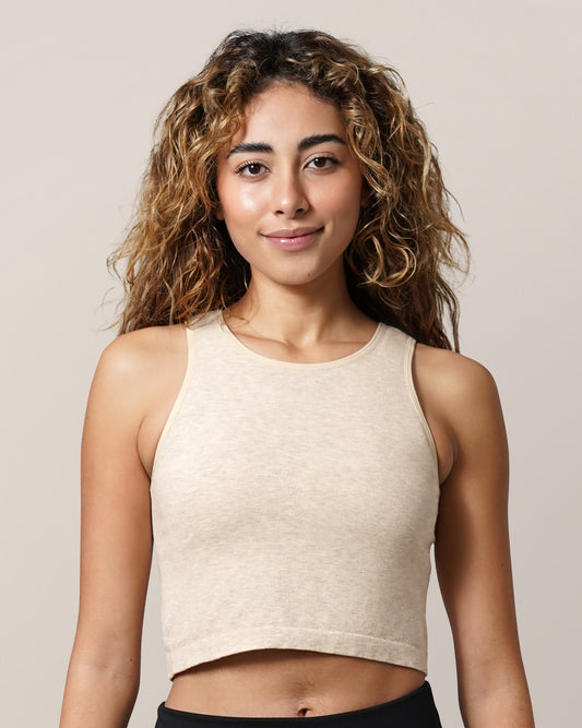 Front view of model wearing the Sublime® Bamboo Hands-Free Pumping Longline Bra Top in Oatmeal Heather