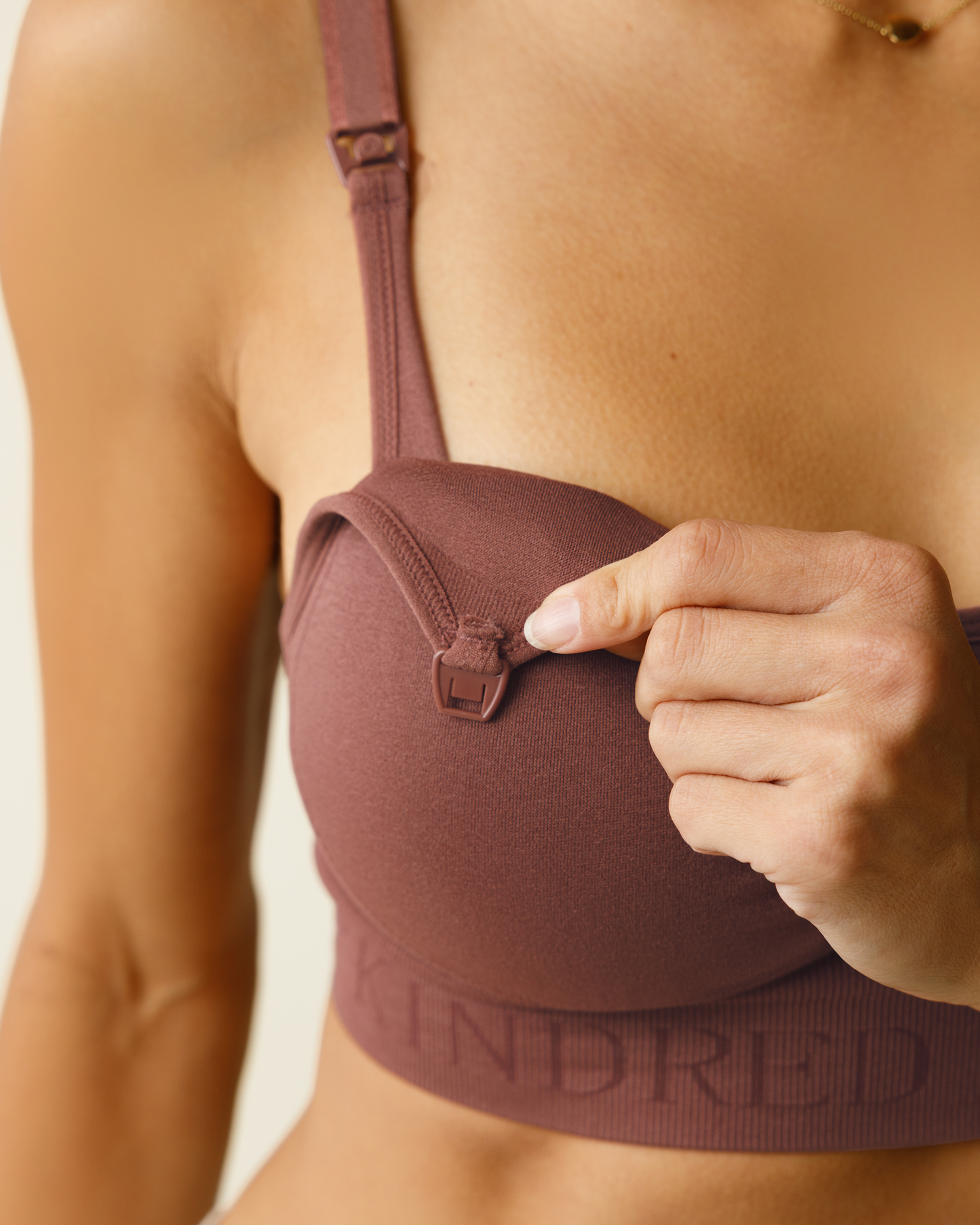 Woman wearing the Simply Sublime® Nursing Bra in Redwood, cropped in on clip-down detail.