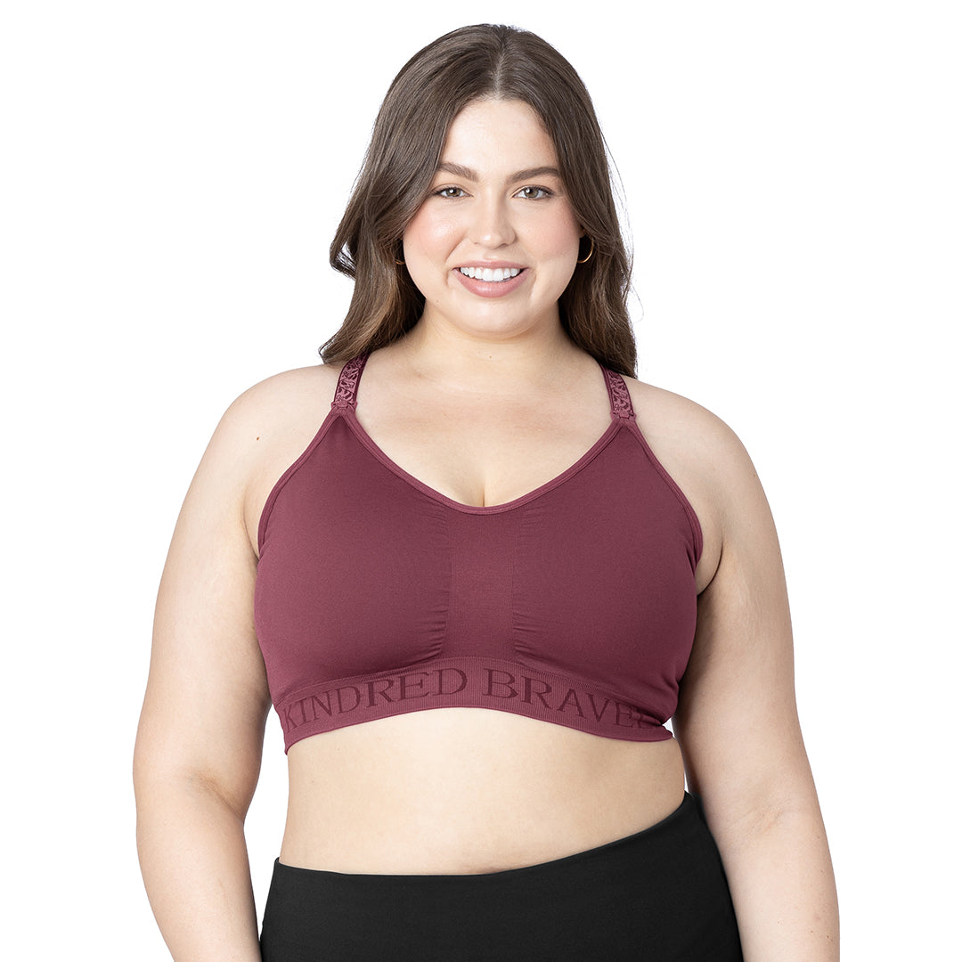 Model wearing the Sublime® Hands-Free Pumping & Nursing Sports Bra in Fig. @model_info:Bailey is wearing an X-Large Busty.