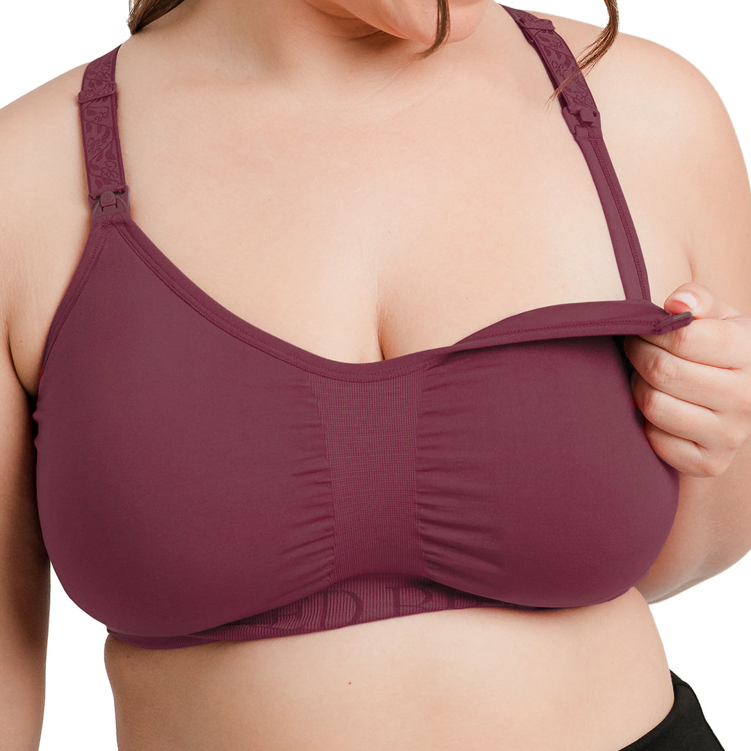 model showing the clip down nursing access on the Sublime® Nursing Sports Bra | Fig