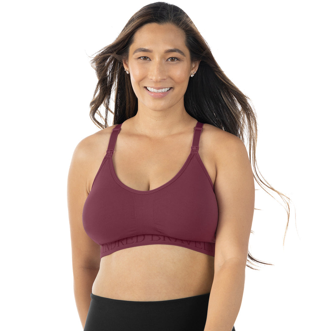 Model wearing the Sublime® Nursing Sports Bra | Fig with her hands at her sides. @model_info:Joy is wearing a Small Busty.