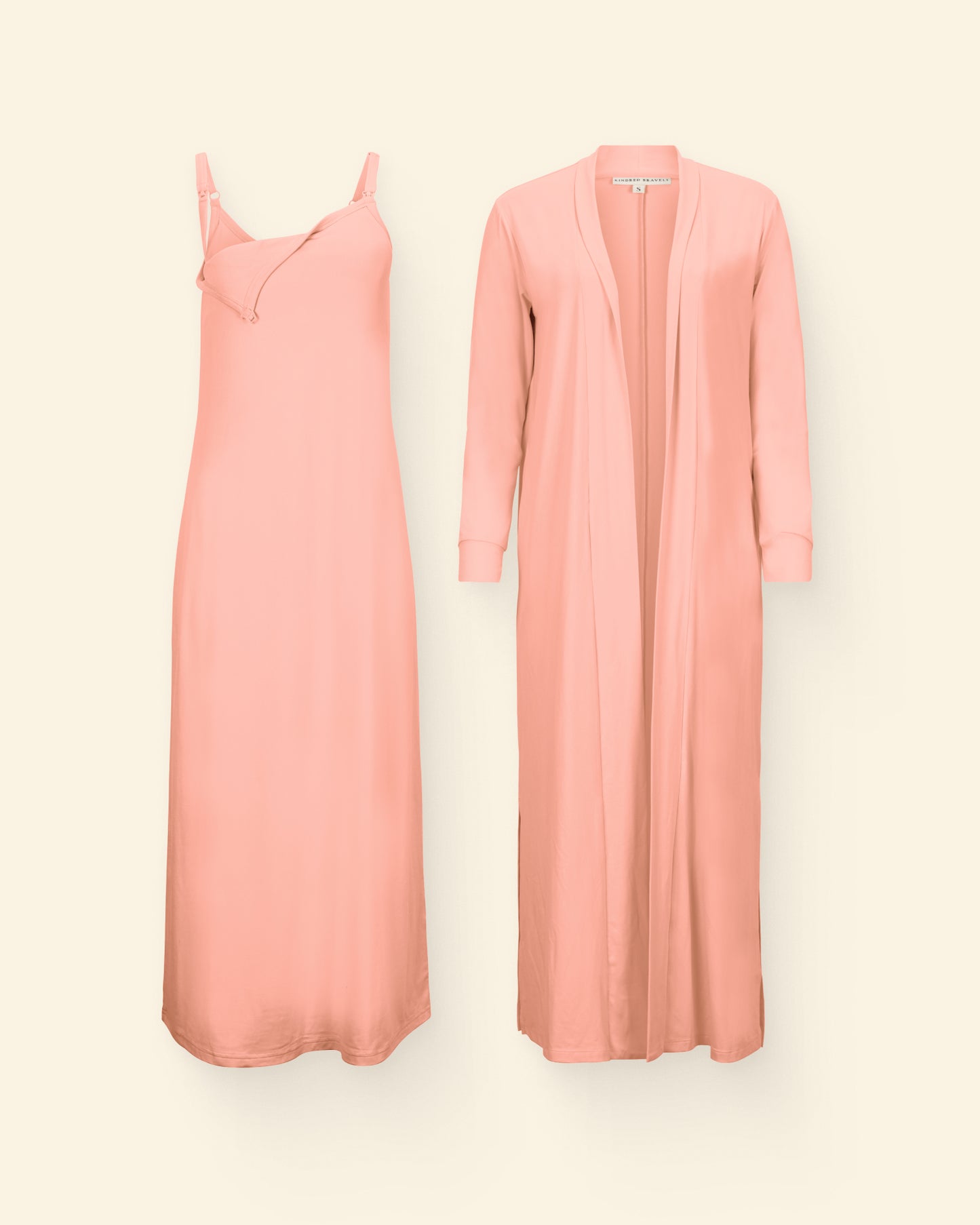 Sunset Pink slip dress and long cardigan on a light background