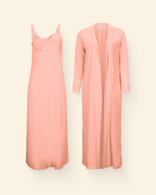 Sunset Pink slip dress and long cardigan on a light background